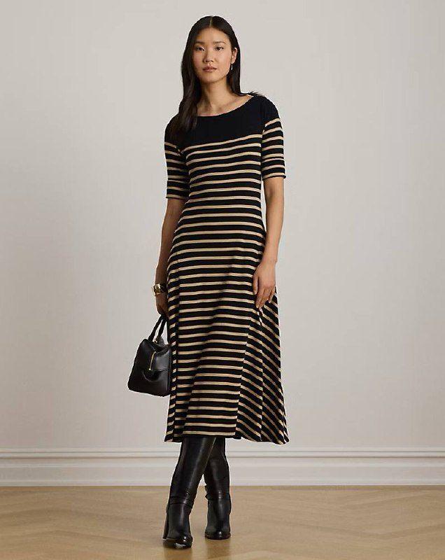 PRL Fem- Breton-Stripe Cotton Ribbed Midi Dress
