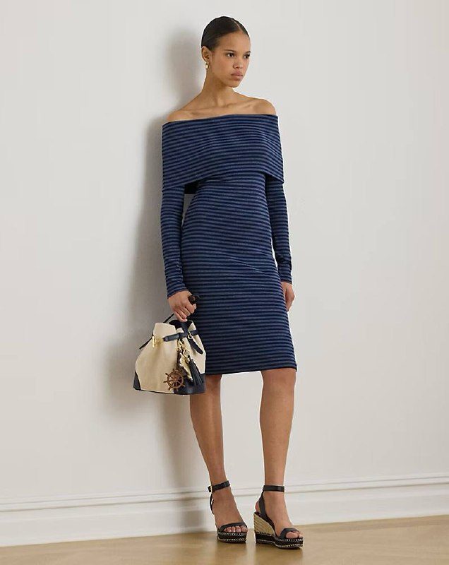 PRL Fem- Striped Ribbed Off-the-Shoulder Dress