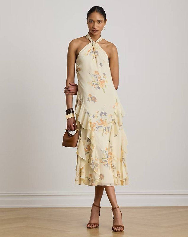 PRL Fem- Floral Ruffle-Trim Halter Cocktail Dress