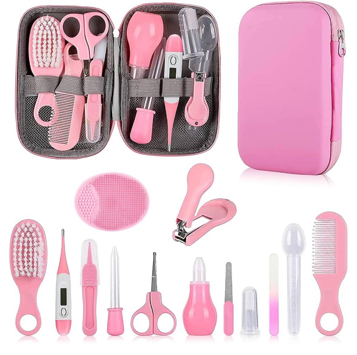 Amazon- Baby Grooming Kit, Infant Safety Care Set with Hair Brush Comb Nail Clipper Nasal Aspirator,Baby Essentials Kit for Newborn Girls Boys (Pink Baby Grooming kit)