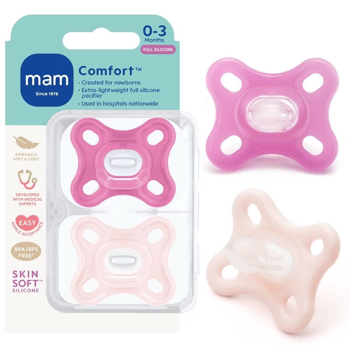 Target- MAM Comfort Pacifiers 0-3m - Girl - 2pk: Silicone, BPA-Free