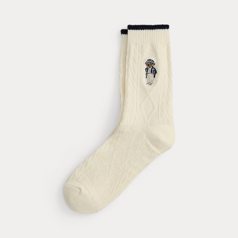PRL Fem- Cable-Knit Polo Bear Crew Socks