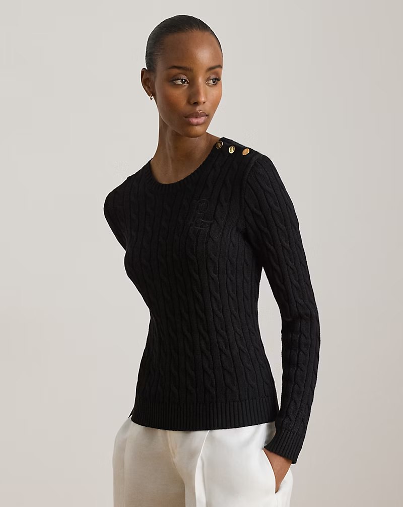 PRL Fem- Button-Trim Cable-Knit Sweater