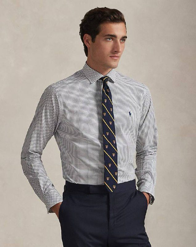 PRL Masc- Classic Fit Plaid Stretch Poplin Shirt