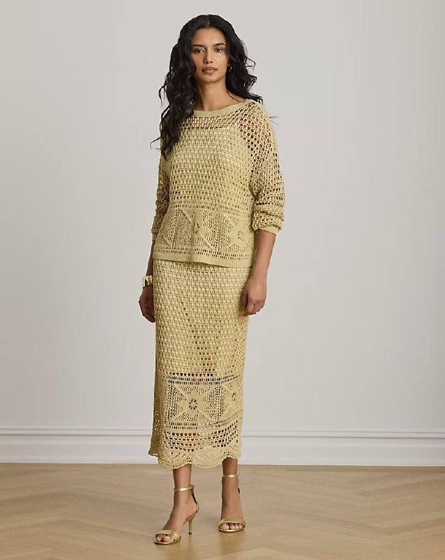 PRL Fem- Pointelle-Knit Linen-Blend Midi Skirt