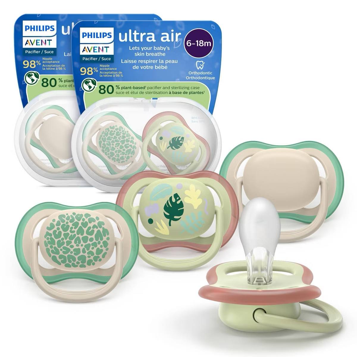 Target- Philips Avent Ultra Air Pacifiers 6-18m - Leopard Print/Tropical Mix - 4pk: Silicone, BPA-Free, Phthalate-Free