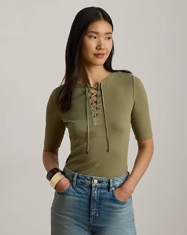 PRL Fem- Lace-Up Ribbed Elbow-Sleeve Tee