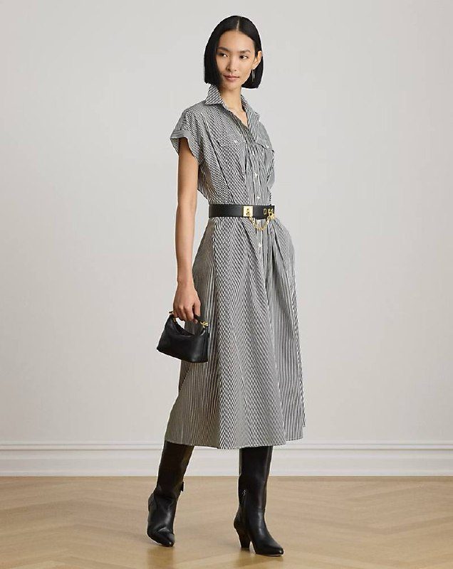 PRL Fem- Striped Pleated Broadcloth Shirtdress