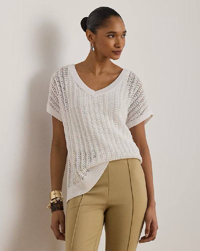 PRL Fem- Cotton-Blend Mesh Short-Sleeve Sweater