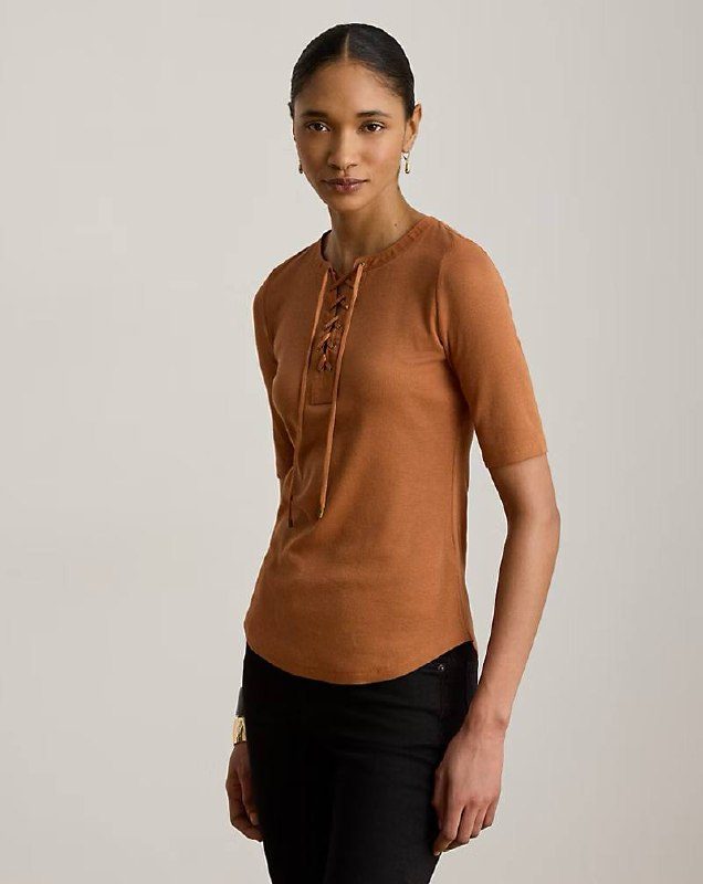 PRL Fem- Lace-Up Ribbed Elbow-Sleeve Tee