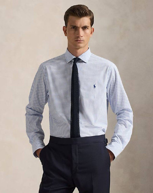 PRL Masc- Classic Fit Plaid Stretch Poplin Shirt