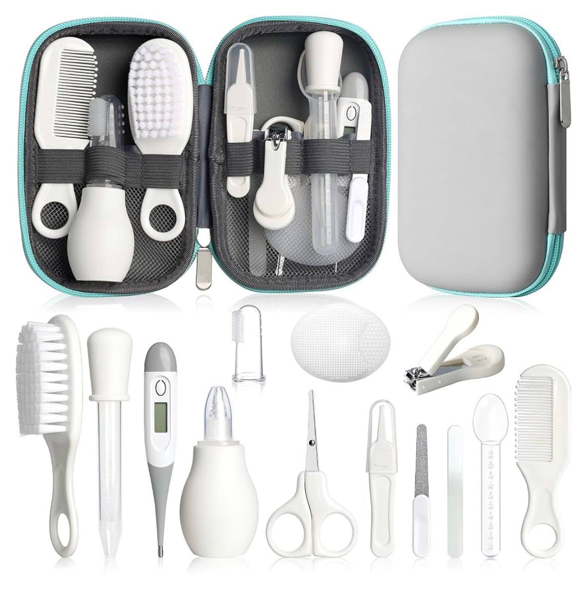 Amazon- Baby Grooming Kit, Infant Safety Care Set with Hair Brush Comb Nail Clipper Nasal Aspirator,Baby Essentials Kit for Newborn Girls Boys (Grey White)