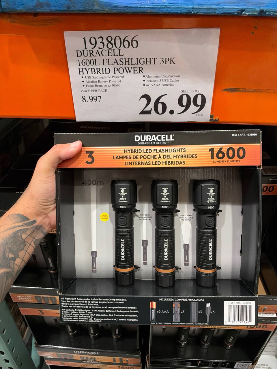 Costco- Duracell 1600L Flashlight 3 Pack Hybrid Power
