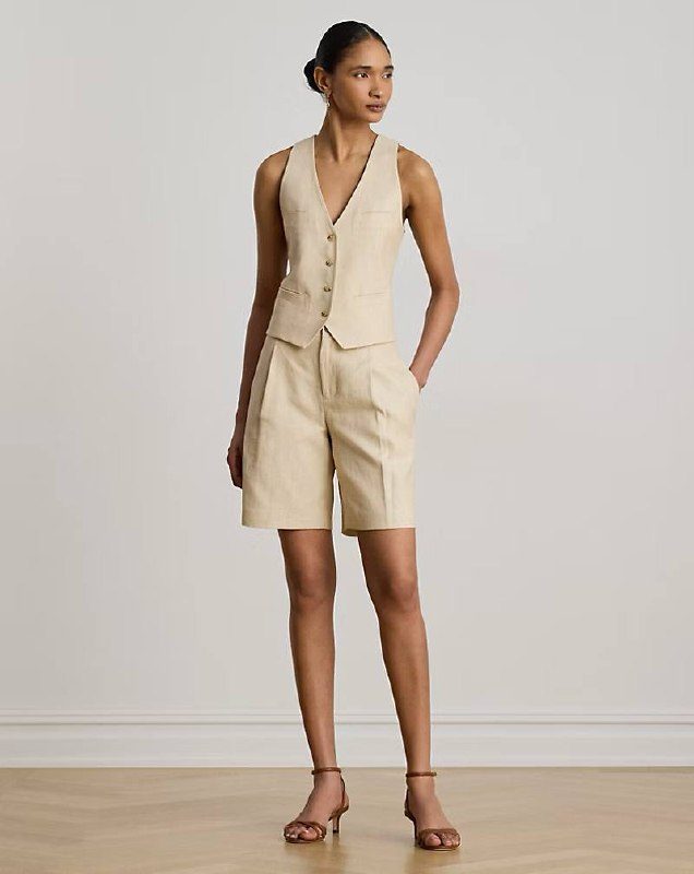 PRL Fem- Pleated Linen-Cotton Tweed Bermuda Short