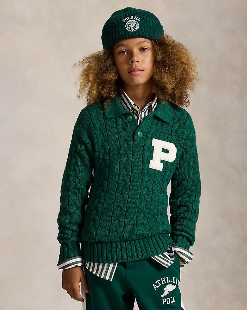 PRL Boy - Cable-Knit Cotton-Wool Polo Sweater