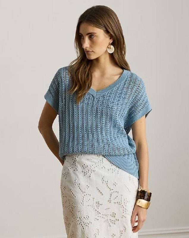 PRL Fem- Cotton-Blend Mesh Short-Sleeve Sweater