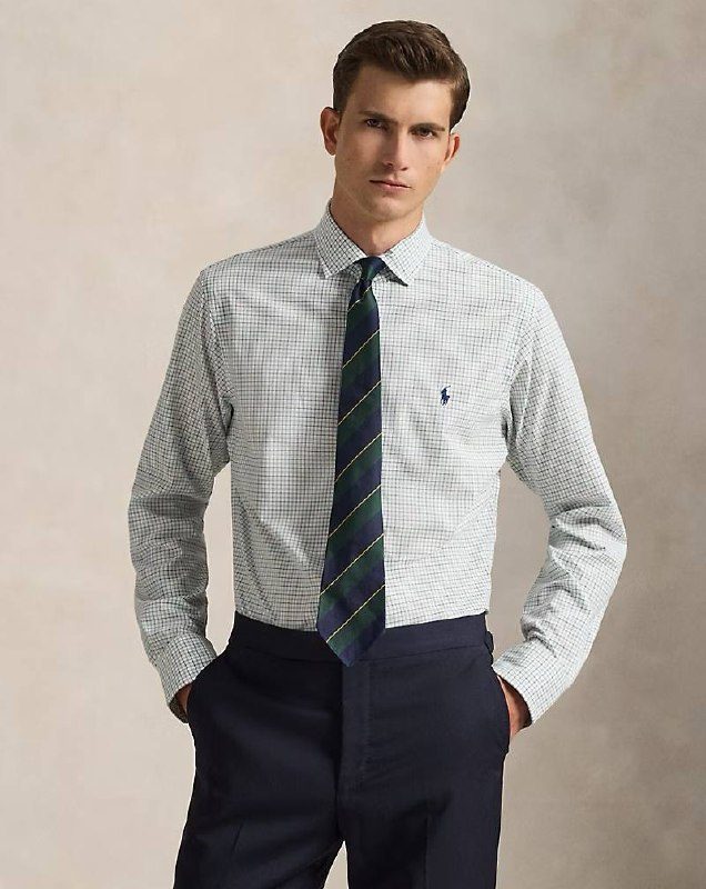 PRL Masc- Classic Fit Plaid Stretch Poplin Shirt
