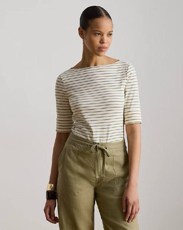 PRL Fem- Striped Stretch Cotton Boatneck Tee