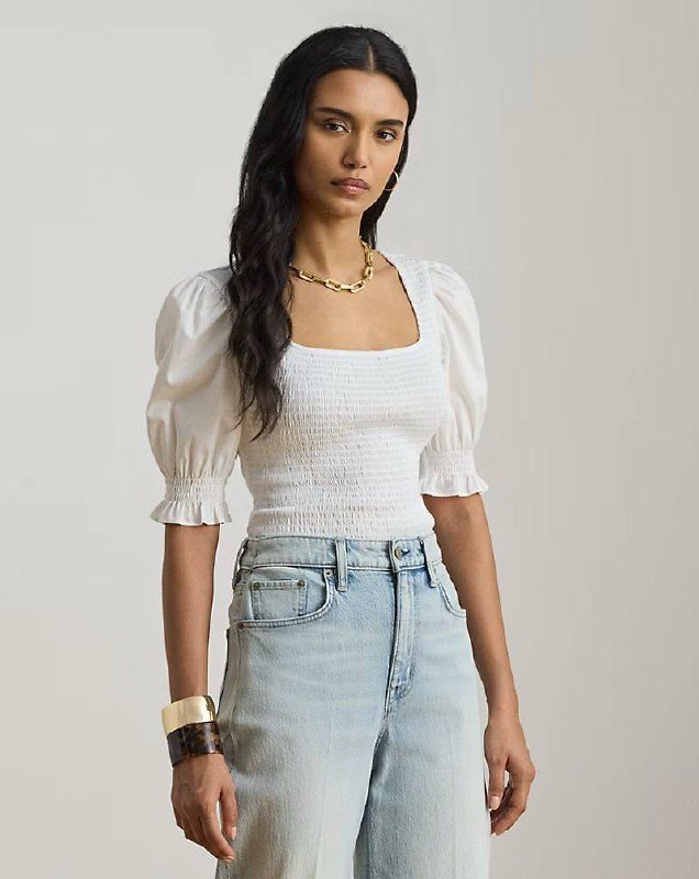 PRL Fem- Smocked Cotton Jersey Puff-Sleeve Top