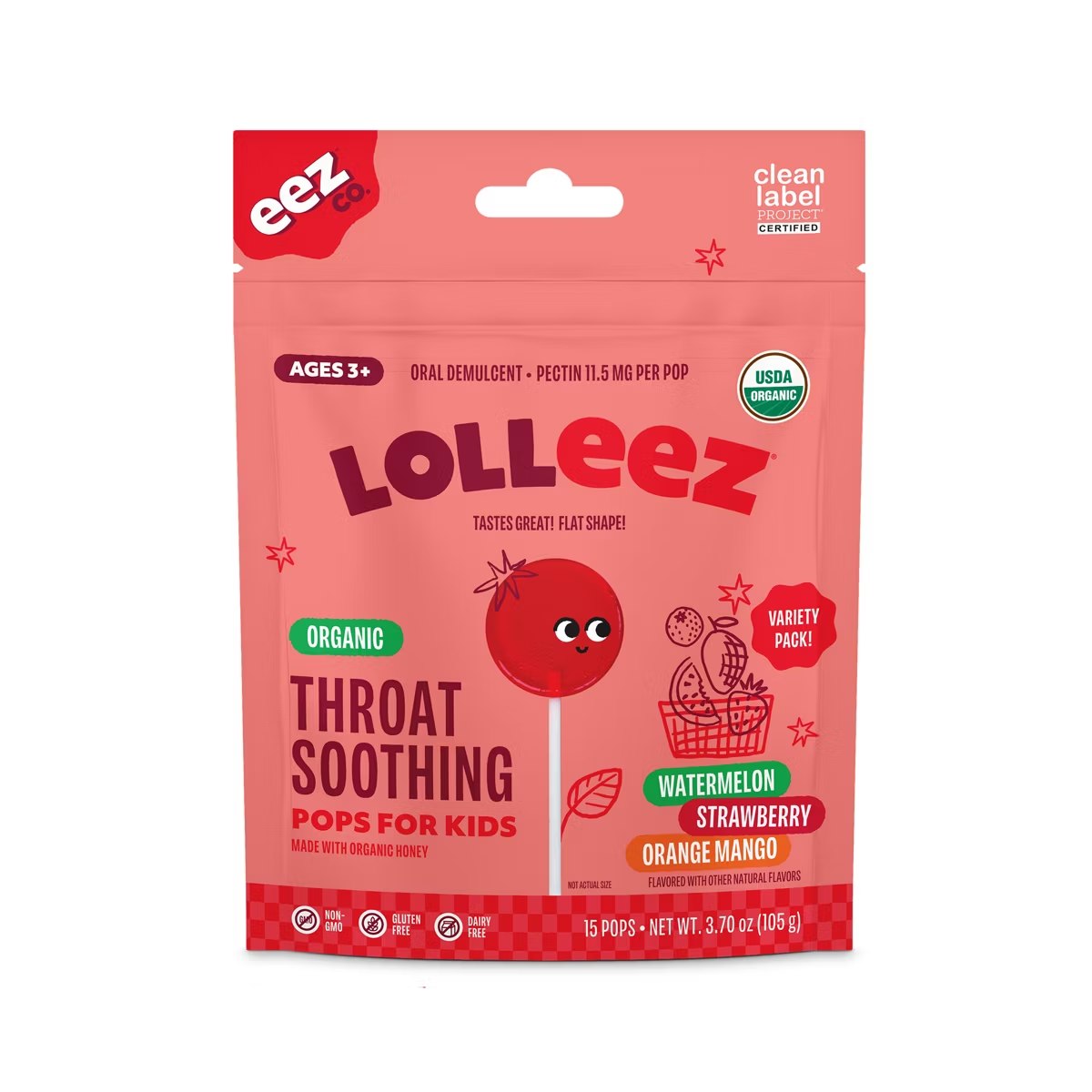 Target - Lolleez by EEZ Co. Organic Throat Soothing Pops - Watermelon, Strawberry & Orange Mango - 15ct: Gluten-Free, Pectin