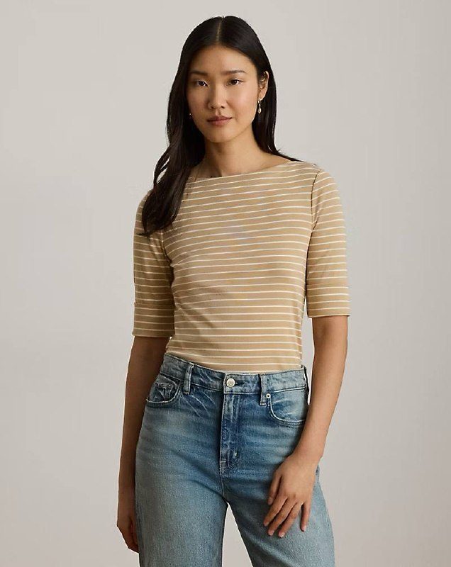PRL Fem- Striped Stretch Cotton Boatneck Tee