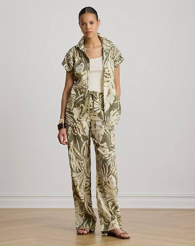 PRL Fem- Palm-Frond-Print Linen Wide-Leg Pant