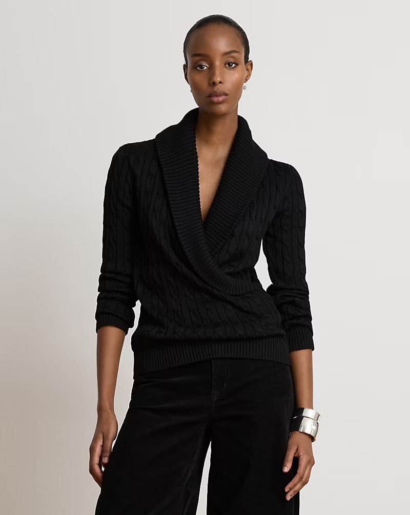 PRL Fem- Cable Cotton-Blend Shawl-Collar Sweater