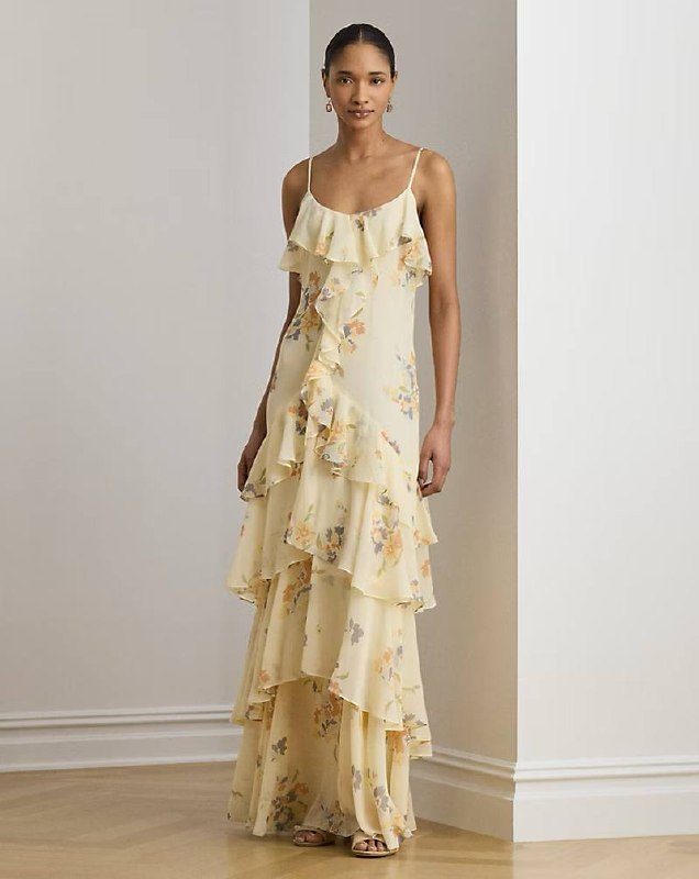 PRL Fem- Floral Ruffle-Trim Georgette Gown
