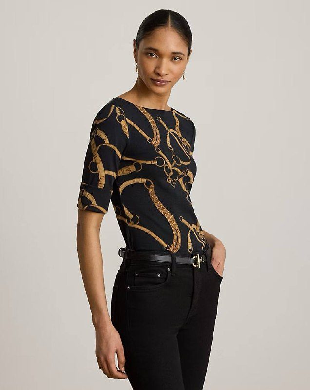 PRL Fem- Belting-Print Cotton Boatneck Tee