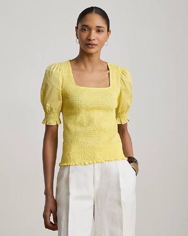 PRL Fem- Smocked Cotton Jersey Puff-Sleeve Top