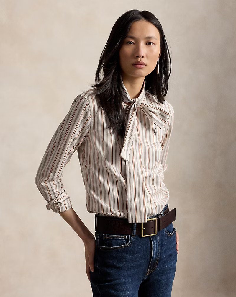 PRL Fem- Slim Fit Striped Cotton Tie-Neck Shirt