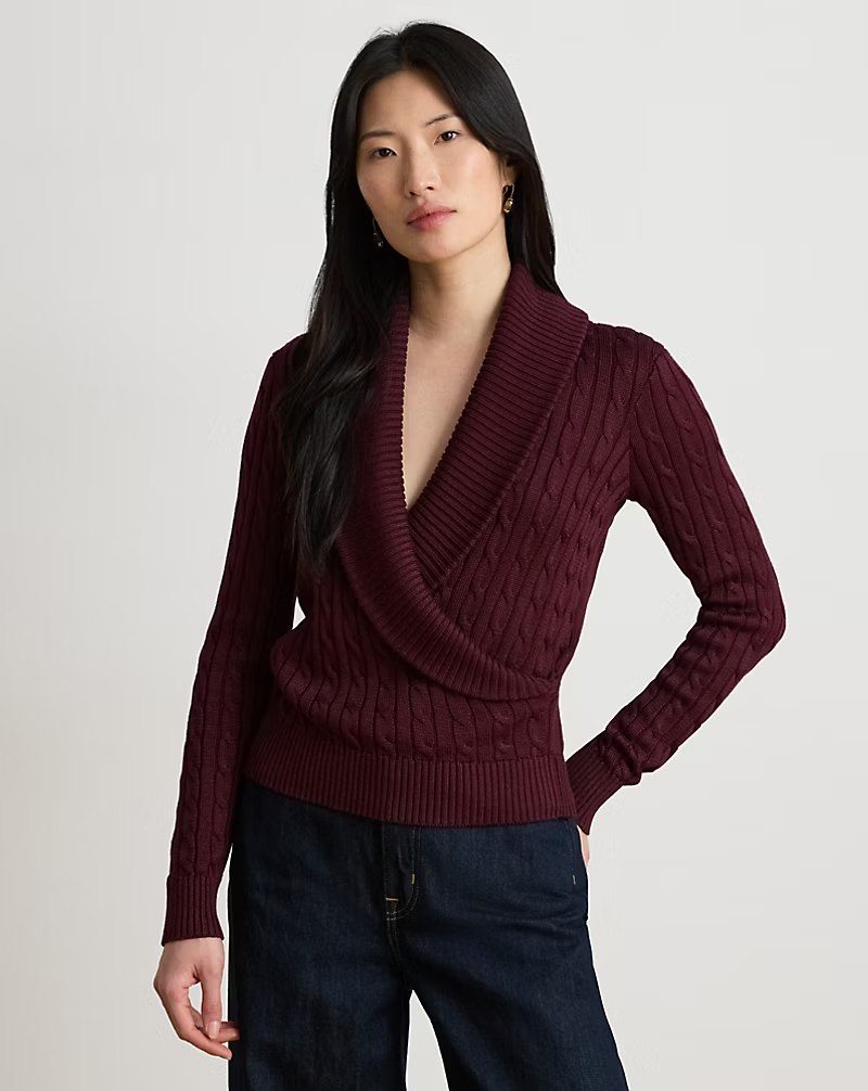PRL Fem- Cable Cotton-Blend Shawl-Collar Sweater