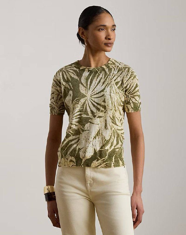 PRL Fem- Palm-Frond-Print Short-Sleeve Sweater