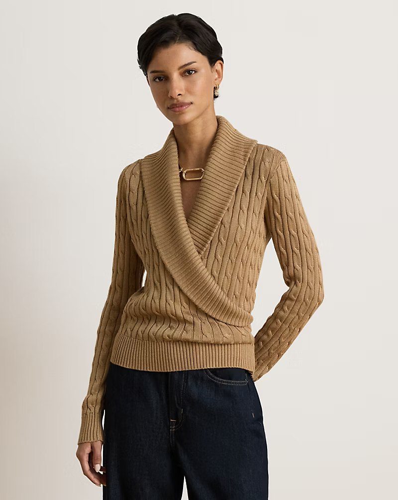 PRL Fem- Cable Cotton-Blend Shawl-Collar Sweater