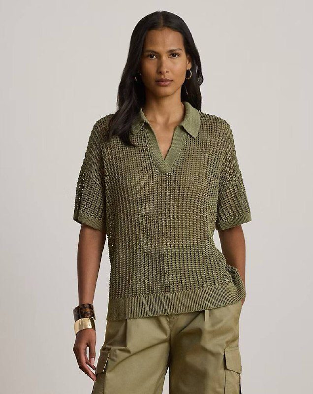 PRL Fem- Linen-Blend Mesh Short-Sleeve Sweater