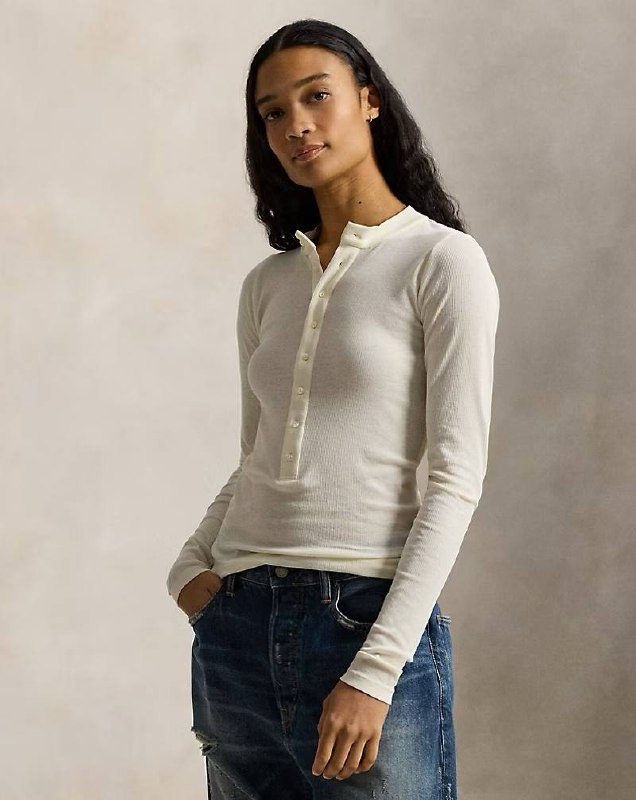 PRL Fem- Ribbed Crepe Henley Shirt