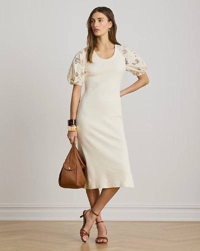 PRL Fem- Rib-Knit Cotton Eyelet-Puff-Sleeve Dress