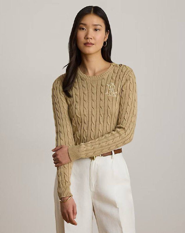 PRL Fem- Button-Trim Cable-Knit Sweater