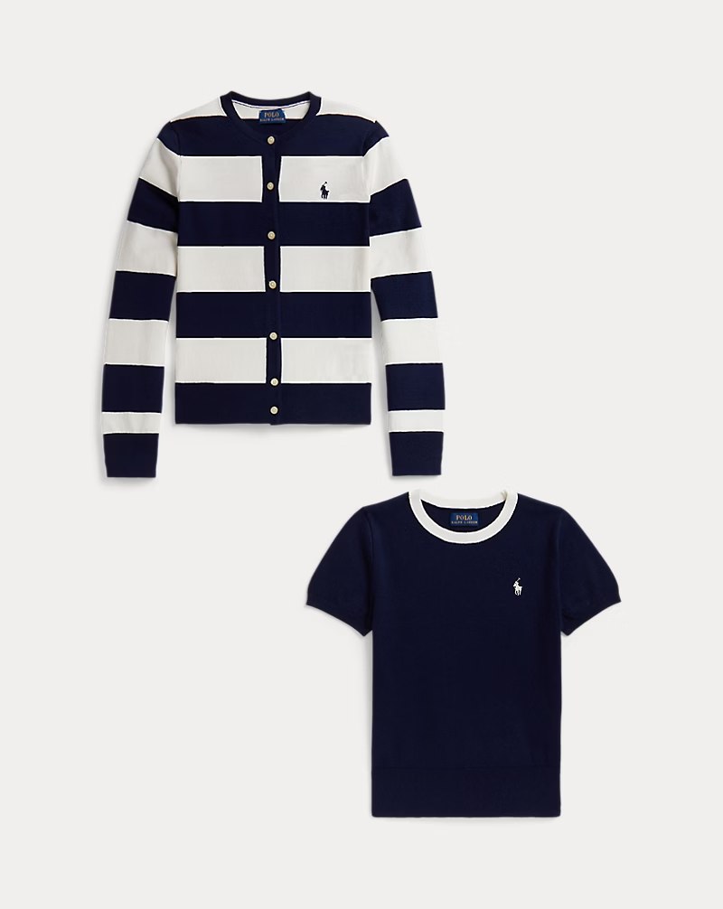 PRL Girl - Cotton Sweater & Striped Cardigan Set