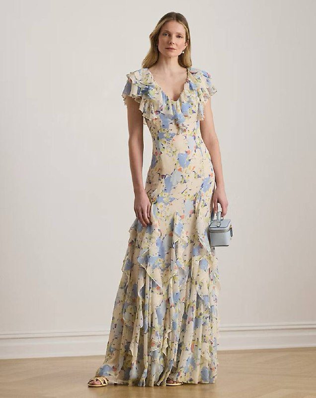 PRL Fem- Floral Ruffle-Trim Georgette Gown