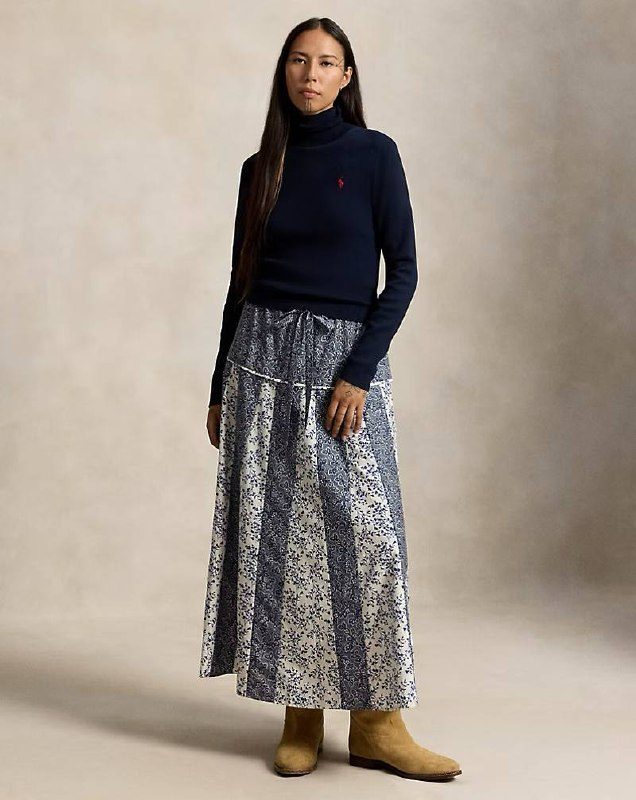PRL Fem- Floral-Cotton Silk A-Line Skirt