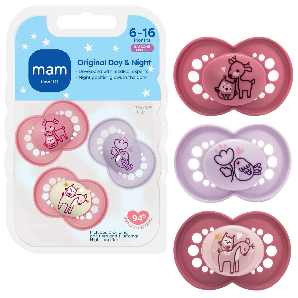 Target- MAM Day/Night Triple Pack, 6+ Months - Purple/Pink 3ct: Silicone, BPA-Free, Phthalate-Free