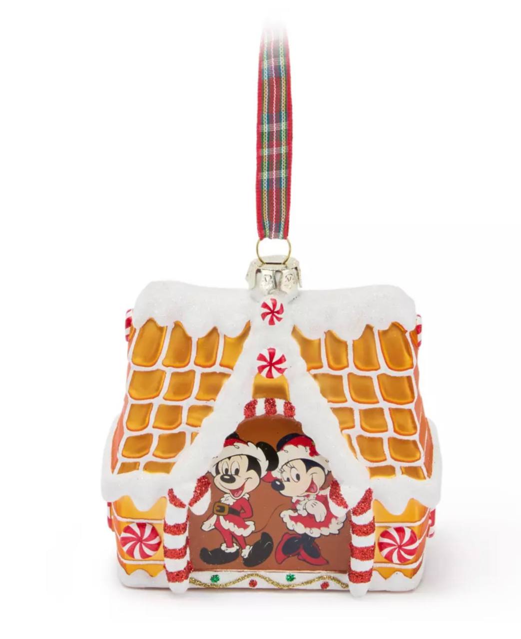 Disney - Santa Mickey and Minnie Mouse Gingerbread House Glass Ornament