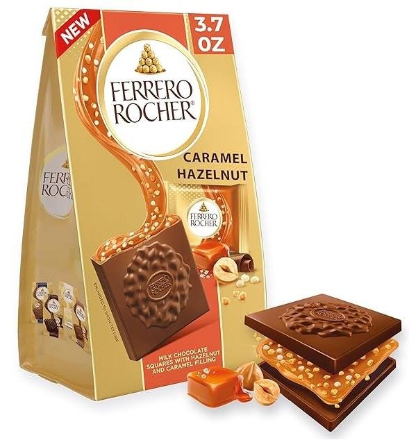 Quadrados de chocolate Ferrero Rocher Premium com Caramelo e Avelã, embalados individualmente, ideais para compartilhar ou presentear, 105g