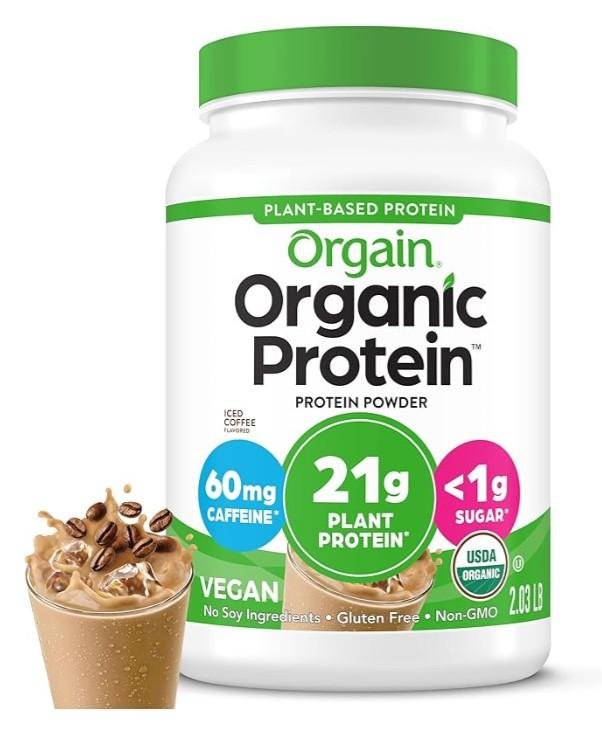 Orgain Organic Vegan Protein Powder, Iced Coffee - 21g Plant Protein, 60mg of Caffeine, Low Net Carb, No Lactose Ingredients, No Added Sugar, Non-GMO, For Shakes & Smoothies, 2.03 lb