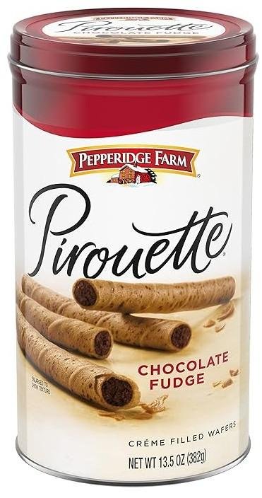 Biscoitos Pepperidge Farm Pirouette, wafers recheados com creme de chocolate, lata de 383 g (13,5 oz)