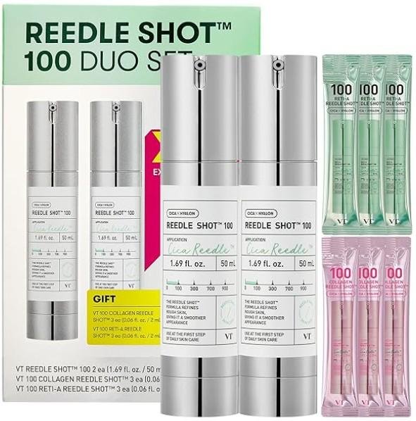 100 Duo Set with Collagen & Retinol Reedle Shot Pouch (Gift) – Exosome Microneedling Serum, Exfoliating, Soft & Glass Skin, Korean Skincare (1.69 fl. oz x2 / 0.06 fl. oz x6)
