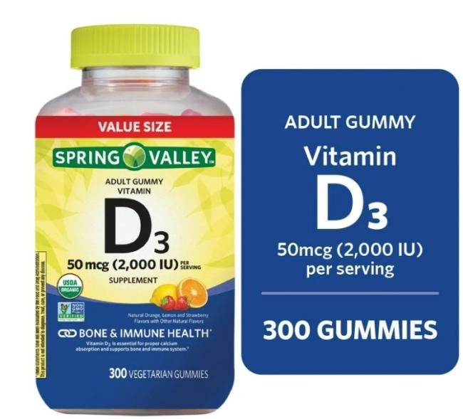 Spring Valley Non GMO Vitamin D3 Vegetarian Gummies, Assorted Fruits, 50 mcg, 300 Count Value Size