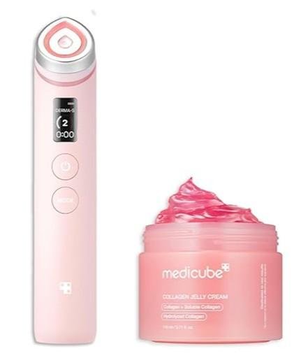 medicube Pink Skincare Set for Glass Glow Skin: Age-R Booster Pro Pink | 6-in-1 Real Glass Glow Beauty Massager and Collagen Jelly Cream- Niacinamide & Freeze-Dried Hydrolyzed Collagen 110ml