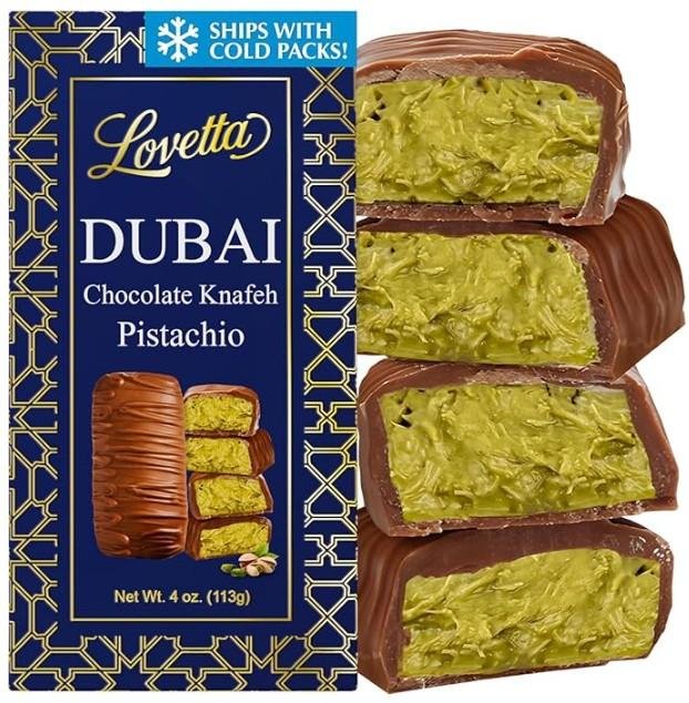 Barra de Chocolate Lovetta Dubai com Pistache e Knafeh - Chocolate ao Leite Rico e Luxuoso, Embalado Individualmente, Fresco, Recheio Premium de Creme de Pistache e Kataifi (1 Pacote)